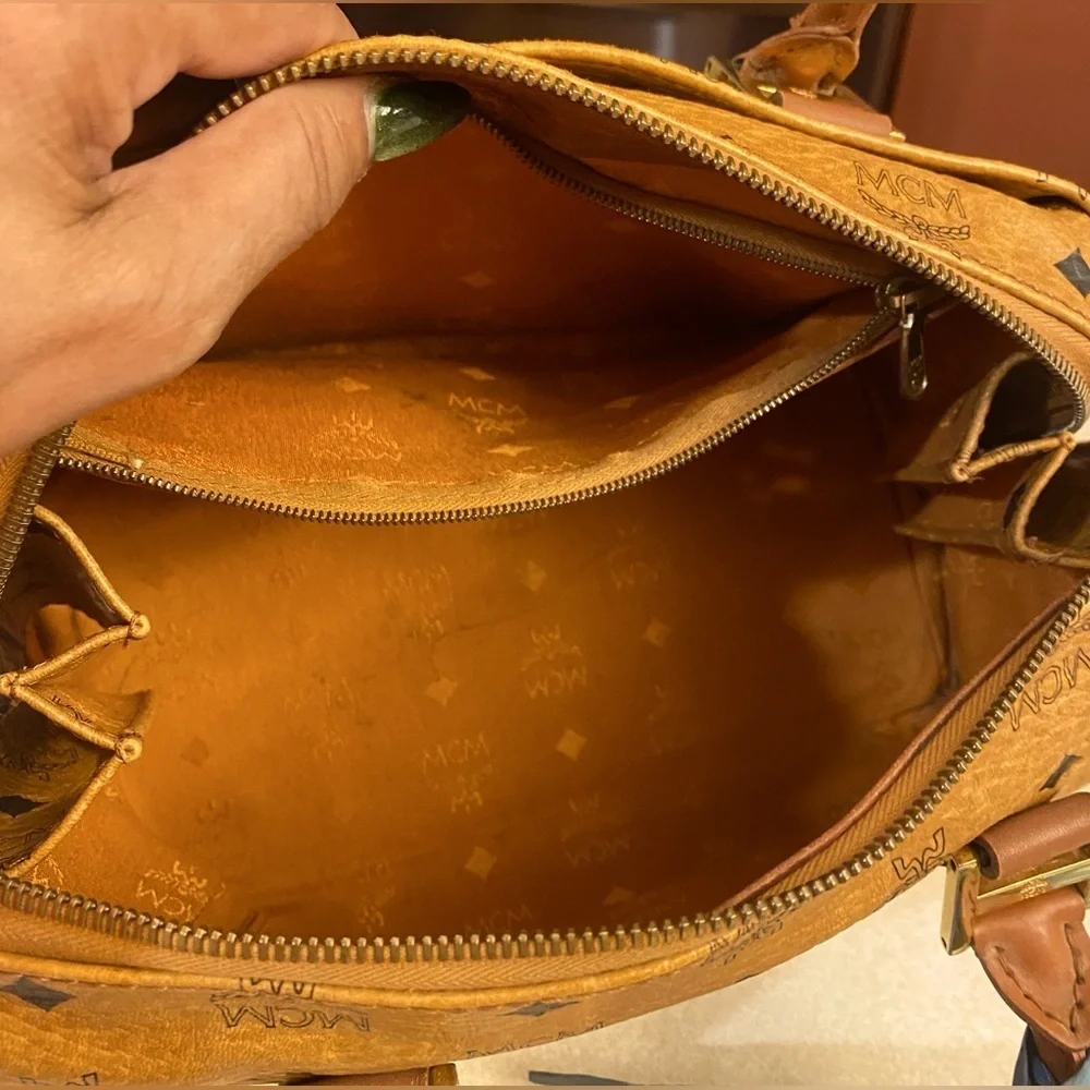 MCM Mini Boston Bag Visetos Brown w:Twilly, EUC